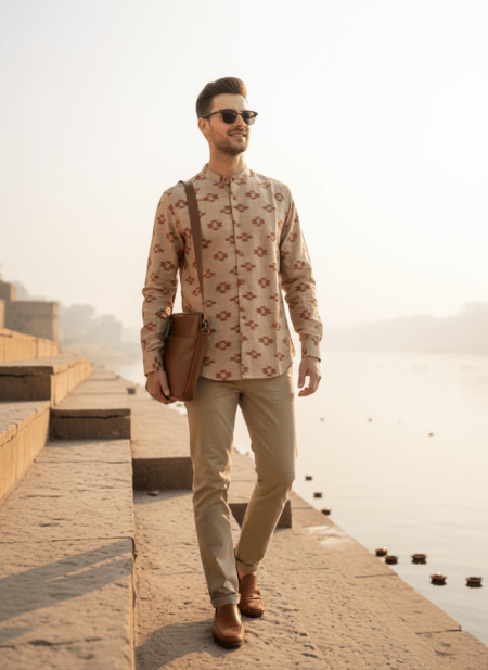 Semi Casual Beige Ikat Shirt