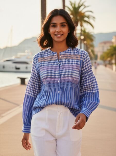 Blue Check Smocking Top