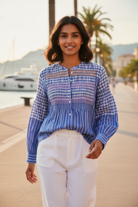 Blue Check Smocking Top