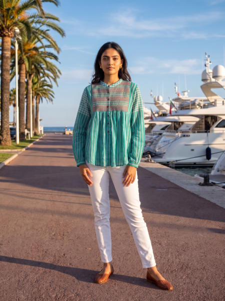 Green Check Smocking Top